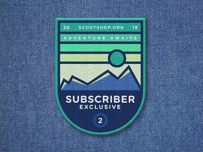 Subscriber Exclusive Patch blue branding denim design green icon illustration logo mountains outdoors patch patches red sun typography vector