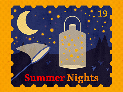 Summer Nights 19 animation branding contest design fireflies firefly giveaway illustration logo moon night stamp summer texture typography vector