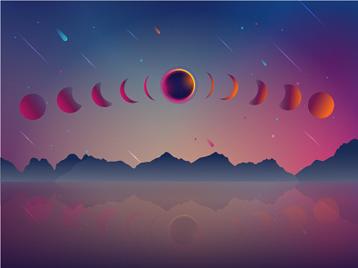 Eclipse Illustration adobe eclipse gradient illustration illustrator moon mountain reflection sky star sun water