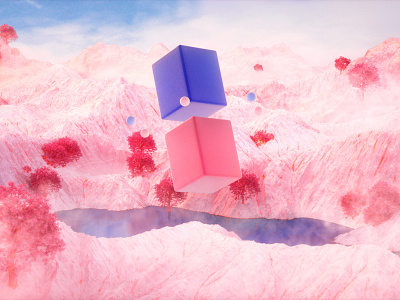 Spheres and cubes, pink mountains.