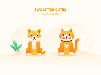 Two little cutes icon shiba ui 宠物 插图 渐变 狗 猫
