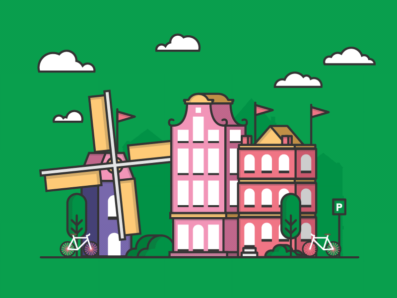 Tiny Amsterdam amsterdam animation city house illustration mill skyline tree vector windmill