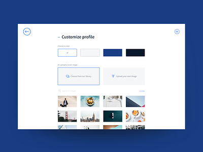 Customize profile blue customize design forms gallery image library minimal profile search selection selections settings subscription ui upload ux