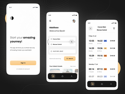 Concept of an app for buying train tickets black black and white black and yellow business business traveling clean dashboard design elegant figma home screen intercity light mode login screen main screen pkp proccess tickets train ui