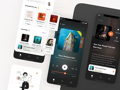 Audiobook App audio audiobooks book books books player clean dark mode design figma light mode list listening mobile player product product details products list sound star trek ui