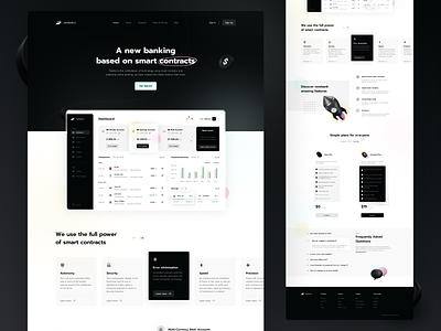 Banking App - Landing Page 3d ilustration banking black blockchain clean crypto dark mode dashboard design faq features figma finance illustration landing page pricing rocket smart contracts ui web app