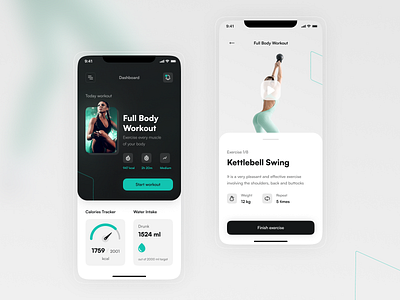 Gym App calories tracker clean cyan dashboard exercises figma fitness gym health kcal kettlebell mobile modern stretching training ui video water intake woman workout