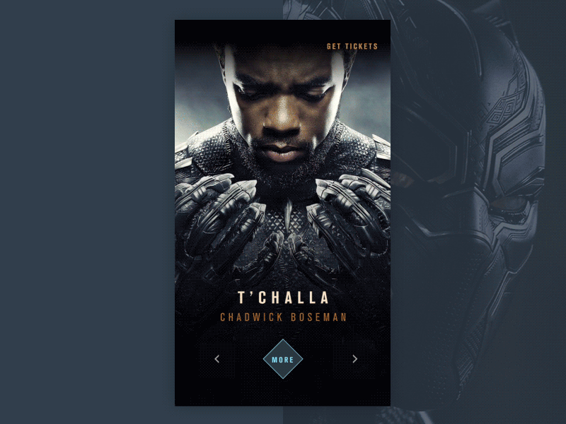 Black Panther character bios layout app black panther dark marvel mobile movie swipe tchalla titles transition
