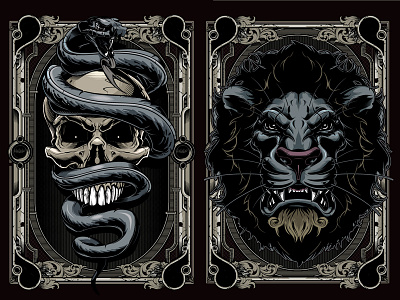 Poster series flourishes lion lion vector poster skull skull vector