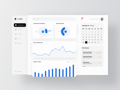 ClassBOT - Education App Dashboard agenda app calendar chart classes classroom dashboard edu education histogram learning linear online pandemy pie remote school study teacher web