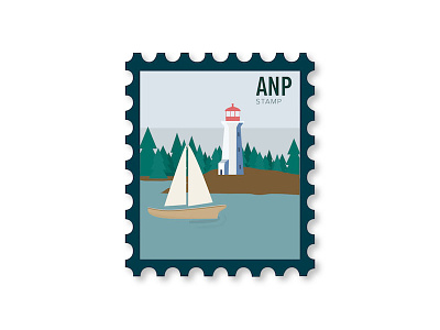 Acadia National Park Stamp acadia boat forest icon illustration landscape lighthouse national park system ocean postage stamp vector