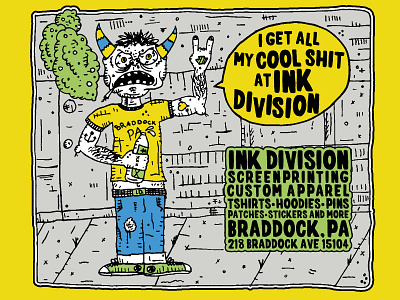 I get all my cool shit at Ink Division art handdrawn illustration ink monster pittsburgh screenprint tshirt yellow