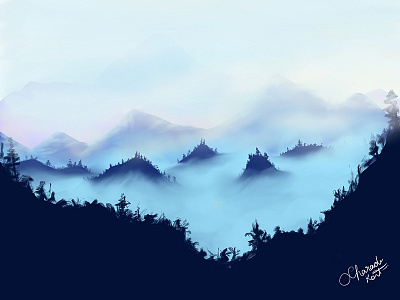 Forest 1 Dribbble cloud digital draw illustration ipad mountain painting procreate realistic