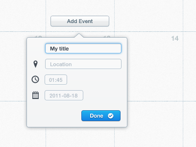 Add Event app blue button calendar glyphs interface light pop up ui