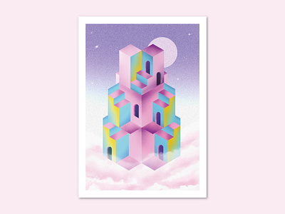 Floating City No.06 asthetic clouds design doorway geometric geometric urban printable illustration isometric pastel retro stairs synthwave texture vaporwave window window archway shapes