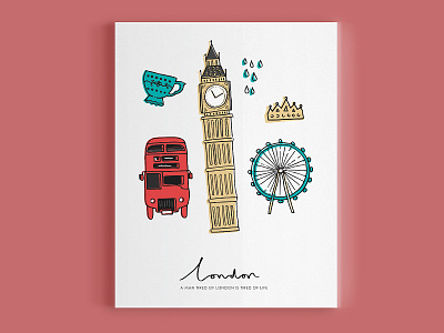 London big ben bus calligraphy crown illustration london london eye rain tea