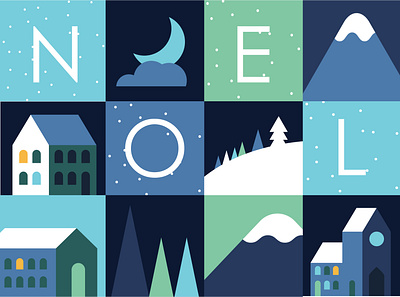 Noel building christmas geometric greeting card house moutains noel snow square stationery vector village winter