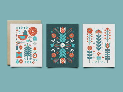 Folk Greeting Card Set bird christmas flowers folk geomtric greeting card leaves stationery symmetrical