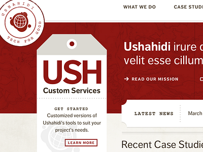 Ushahidi Home homepage luggage tag red stamp texture travel web design