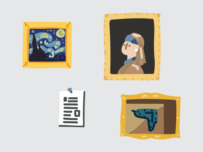 Blog in your Portfolio Website gallery framed paintings printer paper salvador dali clock johannes vermeer girl with a pearl earring the starry night van gogh famous painting themes kingdom blog hand drawn illustrator flat editorial drawing clean vector minimal illustration