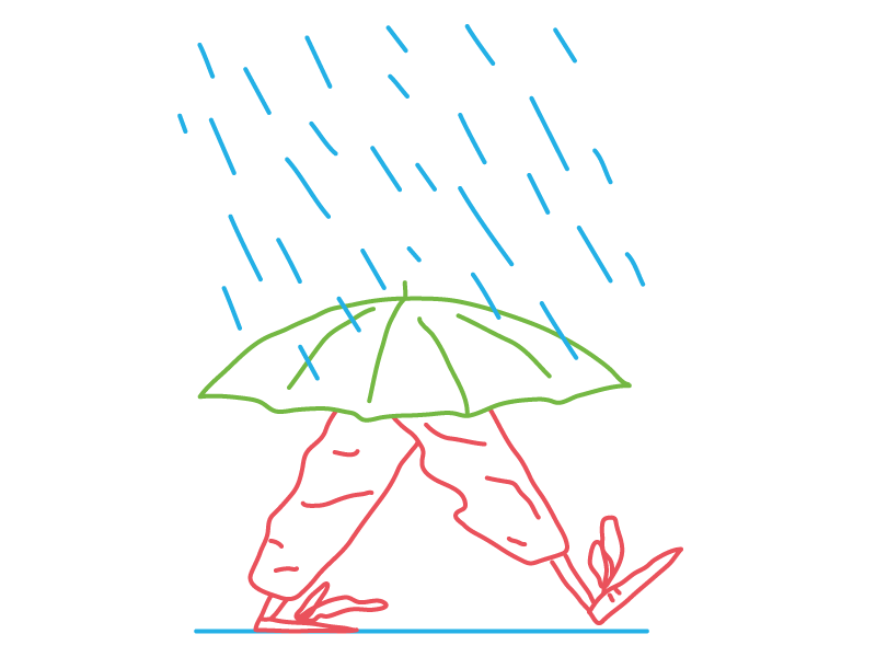 Walking in the Rain umbrellas umbrella walking rgb red green blue rainy rain drops rain feet character hand drawn line flat illustrator editorial drawing clean vector minimal illustration
