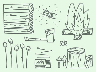 Campfire S'mores Essentials bugs camping clean drawing editorial fire flat forest hand drawn illustration illustrator line matches minimal smores vector wood