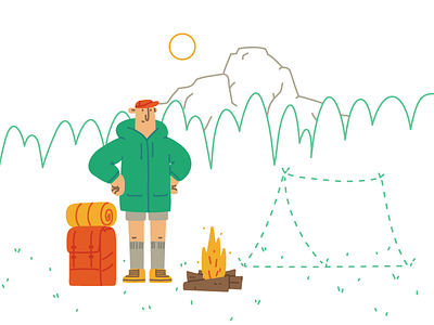 Camping Fail backpack blog camp fire camper camping character drawing editorial forest forget hand drawn illustration illustrator landing page mountain peak tent vector