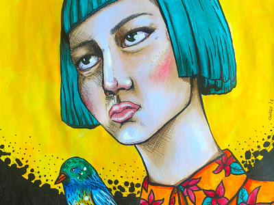 The girl with the bird bird copic drawing illustration marker markerpad painting portrait traditional watercolor watercolour