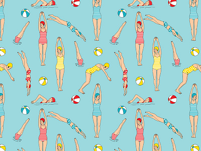 Swimmer Girls fabric illustration pattern pattern design vintage retro summer surfacepattern vector vector illustrations