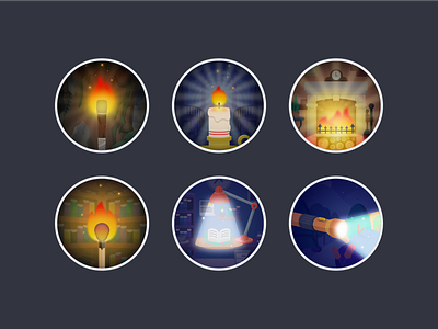 Illumination badges badge bedroom book bookshelf candle fireplace flashlight forest illustration indiana jones library light light illustration lighting maya night scene stairs torch vector