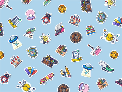 Glose Stickers books bounty chest coin color cute event fun galaxy giveaway goodies icons illustration paint pearl print print design rainbow robot stickers