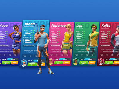 Tennis Clash Character Cards artwork design figma game graphic design mobile tennis tennis clash ui