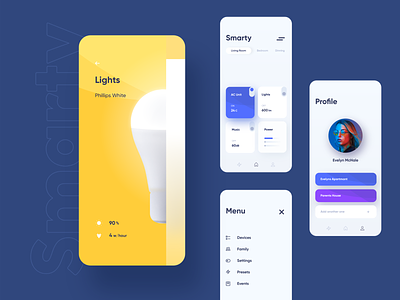 Smarty - smart home app concept app app design cards concept design system invision studio light bulb mobile mobile app mobile ui smart home ui ux