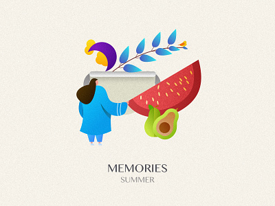 memories of summer bird branch charater clound gradient icons illustration illustrator memory moon pear ps scene sketch summer watermelon