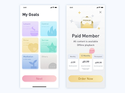 Goals app card choose control goals gradient icon iphone leisure meditation others pay relax sorrow ui ux vip