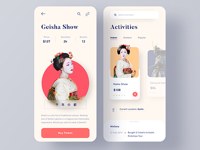 Activities & Tours Booking App activities booking clean culture geisha japan minimal minimalist red tour traditional travel traveling trip trip planner ui ui ux