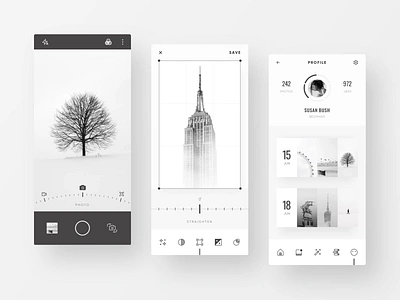 Mono Photo Editor App app camera camera app clean design gallery minimal minimalist mobile app mobile ui monochrome photo album photo editor photograhy photos profile ui ux ui design