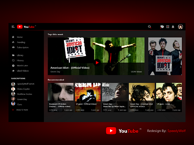 YouTube Redesign black dark dark app dark ui greenday red redesign tube user centric user profile you youtube youtube channel