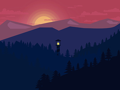 Mountains at sunset illustration lighthouse purplesky sunset