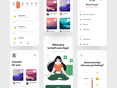 Guides & Meditation Mentors Mobile App | Behance Case animation app calendar feel feeling guides health healthcare lessons medical meditation mobile practice profile psychology psychotherapy search search results self care sign in
