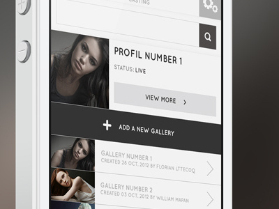 Model Profile View app arrow black buttons clean device flat gallery grey icon interface ios ipad iphone list metro mobile navigation number photo profile search settings status ui ux view