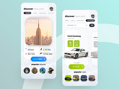 Booking & Flight Mobile App Design app application booking car design discover flat flight hotel ios mobile new york rent rental sketch ticket travel ui user interface ux