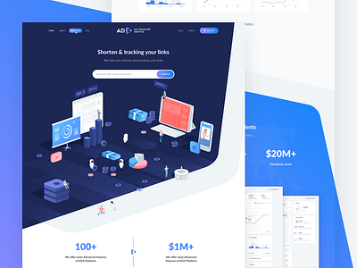 ADX: Representational landing admin panel adx analytics dashboard flat flatstudio painel shorten links tracking