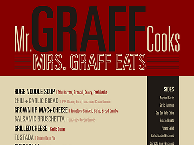 Mr. Graff Cooks, Mrs. Graff Eats beige flat grey illustrator menu red simple vegetarian