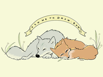 A red fox and a timberwolf cuddling art cozy creatures cuddling cute doodles drawing illustration red fox timberwolf