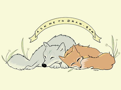 A red fox and a timberwolf cuddling