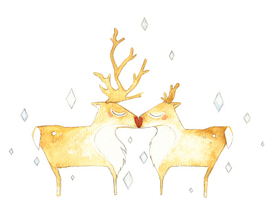 Reindeer card eskimo kiss handmade holiday reindeer smooch watercolour winter