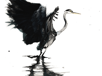 Heron Stretching Wings art handmade illustration watercolour