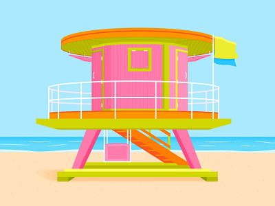 Lifeguard Tower - Miami Beach architecture beach building colour green illustration illustrator lifeguard light miami oceans orange pink shadow shadows sky summer sun tower vector