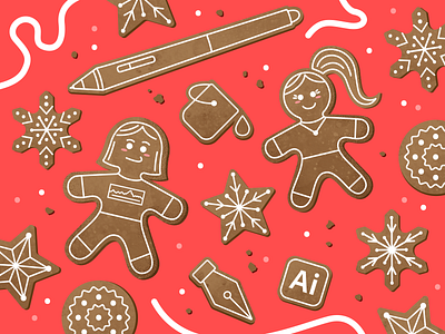 Christmas 2020 baking christmas card cookies couple decoration gingerbread holiday icing illustration illustrator pen tool red seasonal snowflake stars stylus texture vector